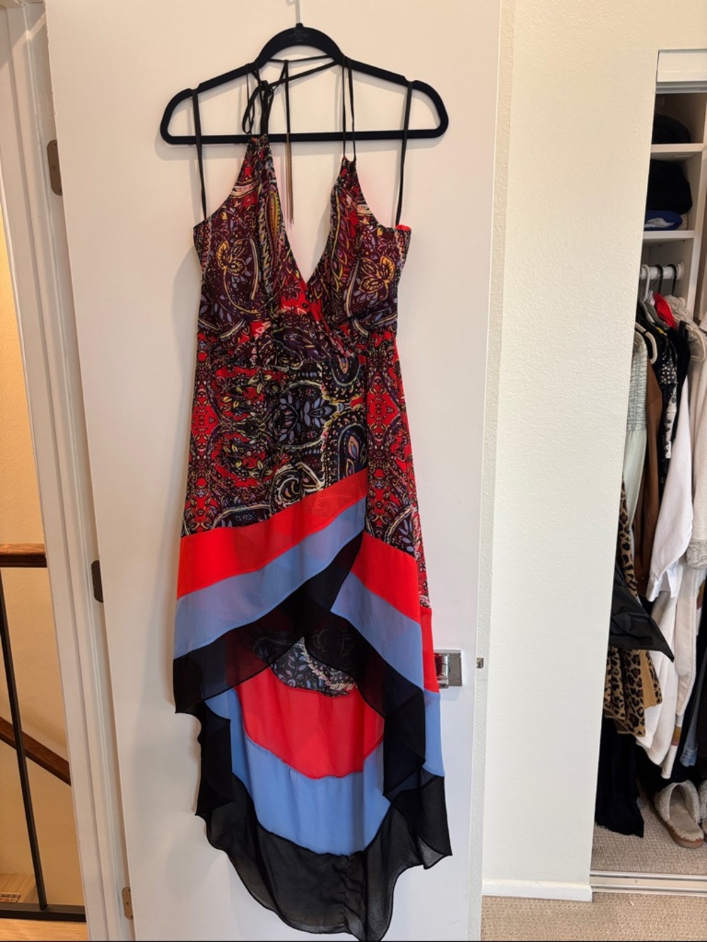 bebe Red Paisley & Colorblock High-Low Halter Dress